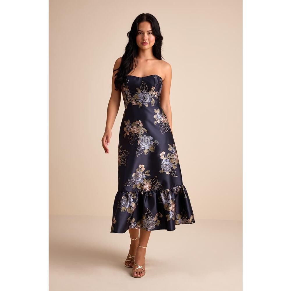 NWOT Lulus Sz XL Yashelle Navy Floral Taffeta Strapless Tiered Corset Midi Dress